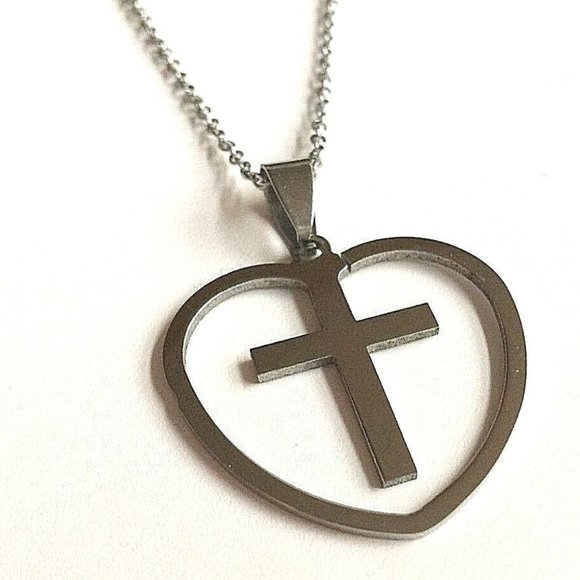 Sacred Heart Cross Necklace 24" Silver Stainless Steel Catholic Christian Gift - Picture 3 of 12